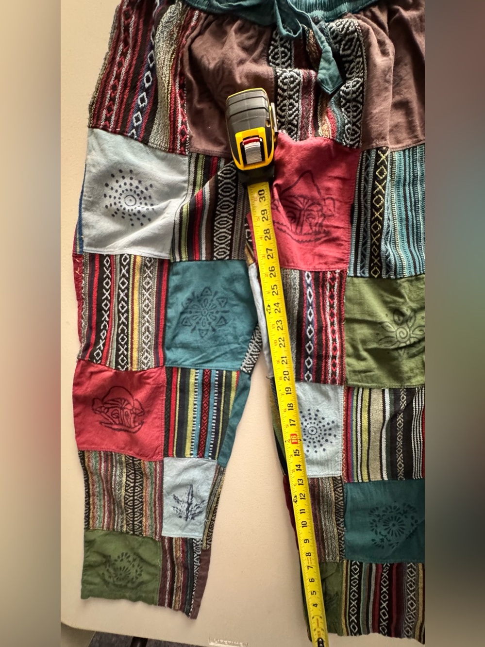 Kathmandu Patchwork Boho Men's Pants in Green, Teal, Red, Olive, Cream - Picture 5 of 6